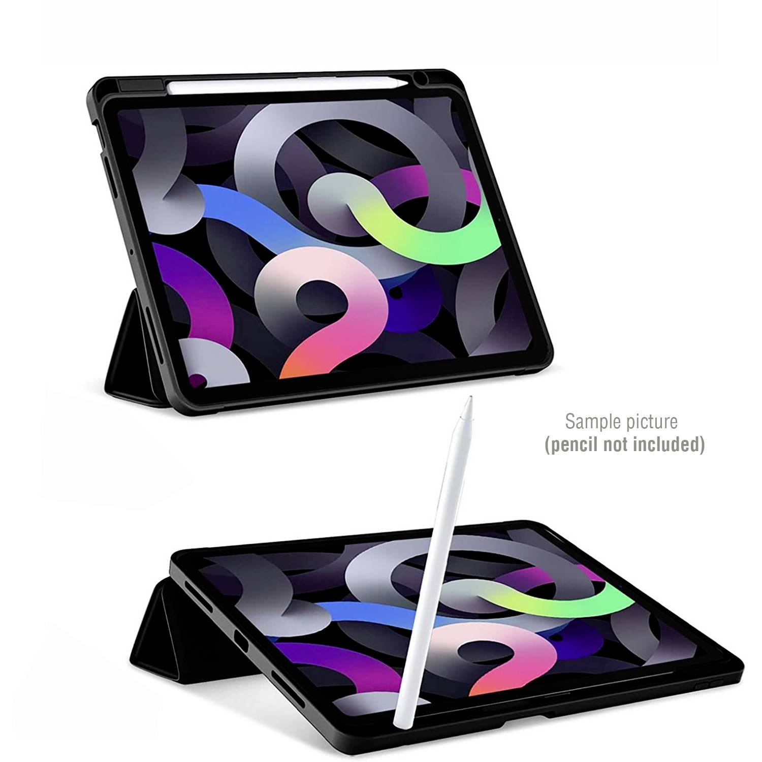 Tablet v černém obalu stojí vzpřímeně a leží naplocho. Bílé pero stojí vpředu vzpřímeně.