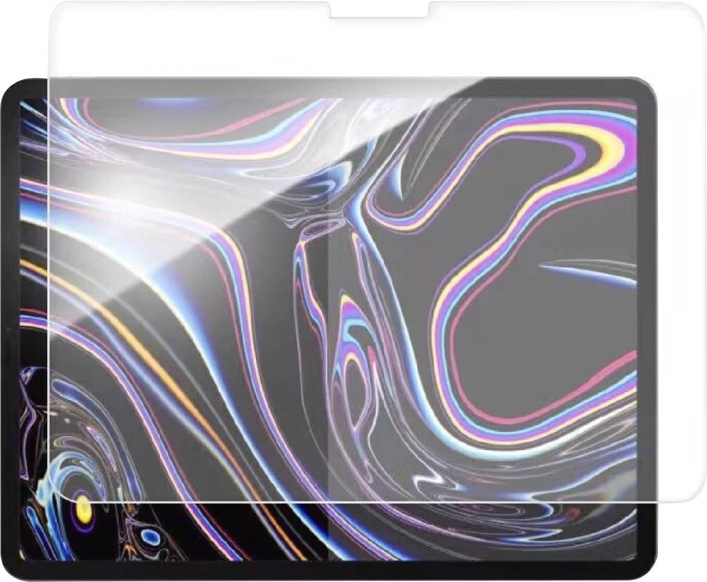 Elektronické zařízení s barevnou, abstraktní grafikou na obrazovce, zakryté průhlednou ochrannou fólií.