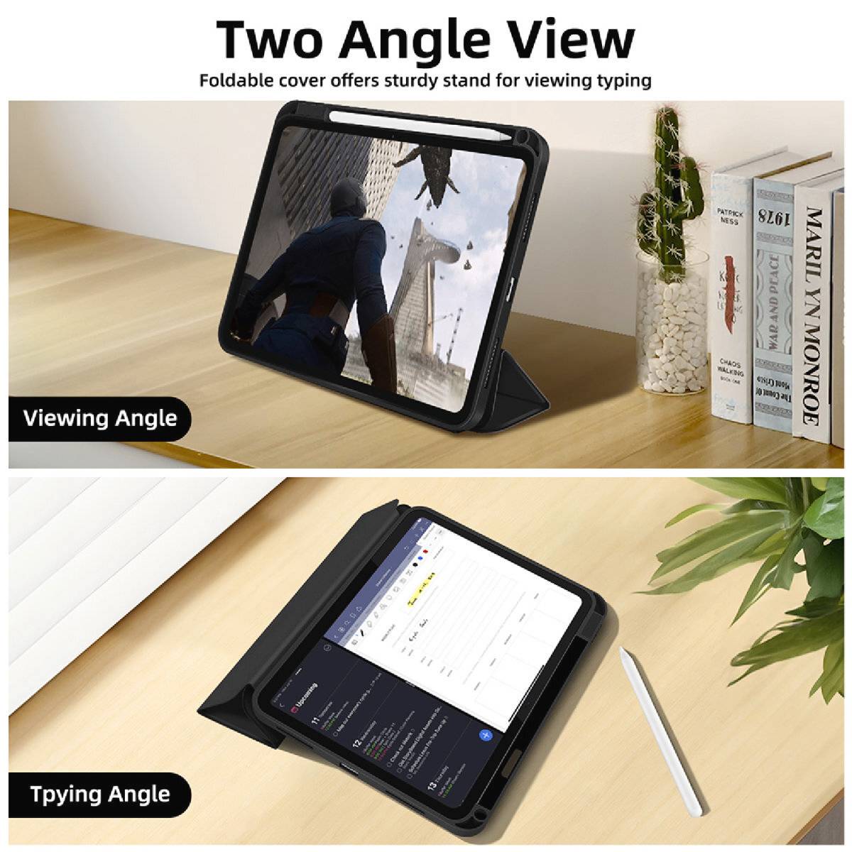 Tablet v pouzdře ve dvou úhlech pohledu: jeden úhel pro sledování videí, druhý úhel pro práci. Stylus a dekorativní rostliny v pozadí.