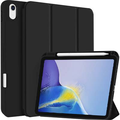 Černý tablet s pouzdrem a stylusem. Na obrazovce je modro-žluté abstraktní pozadí.