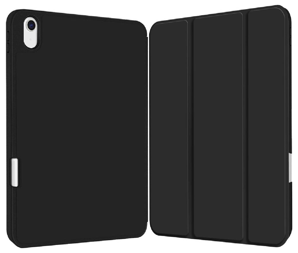 Černý obal na tablet, zobrazený z přední a zadní strany. Zadní strana má otvor pro kameru, přední strana má tři skládací segmenty.