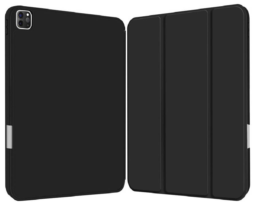 Černý obal na tablet, uzavřený pohled zezadu a otevřený pohled zepředu. Jednoduché provedení bez viditelných log.
