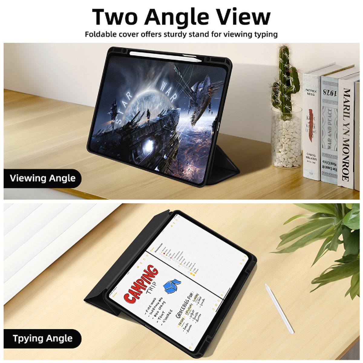 Dva pohledy na tablet: Nahoře v pozorovacím úhlu s motivem vesmíru, dole v úhlu pro psaní s poznámkami k tématu kempování.