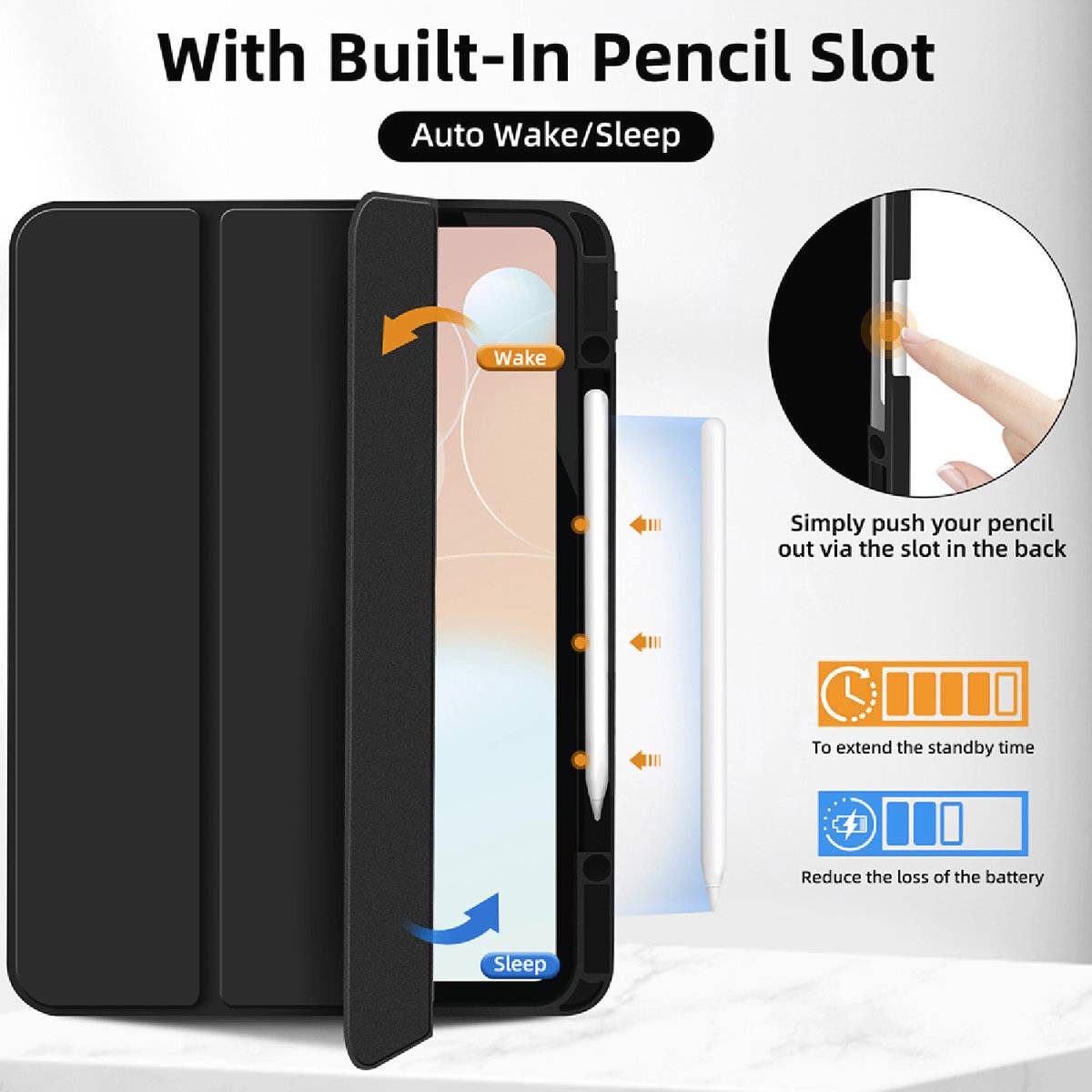 Pouzdro na tablet s integrovanou schránkou na pero a funkcí automatického zapínání/vypínání. Snadný přístup k peru a úspora baterie.