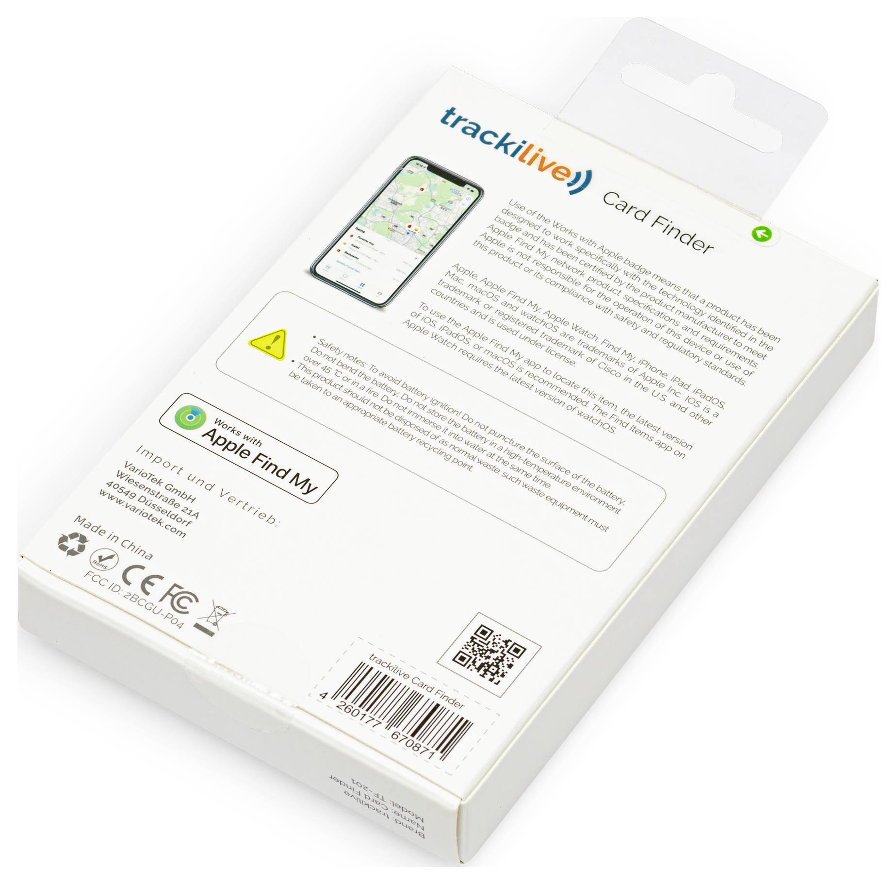 Zadní strana obalu pro 'trackilive Card Finder', zobrazující smartphone s aplikací, text o funkcích a logo 'Apple Find My'.