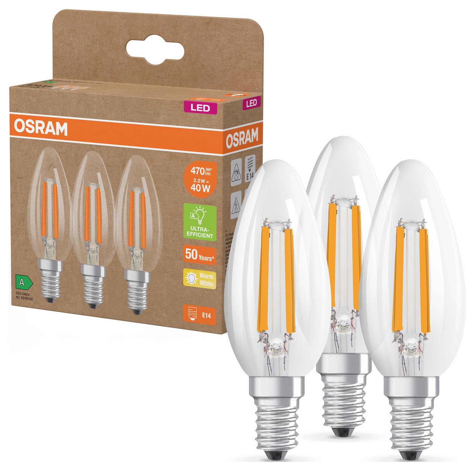 Tři LED svíčkové žárovky s paticí E14 a 470 lumeny, zobrazené před obalem značky Osram. Třída energetické účinnosti A.