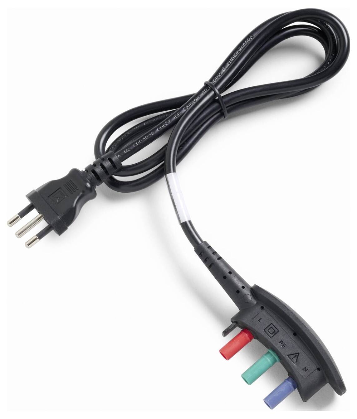 'Schuko vidlice-kabel s L-rukojetí, tři zásuvky v červené, modré a zelené barvě. Používá se především pro elektrospotřebiče s mužskou Schuko přípojkou.'