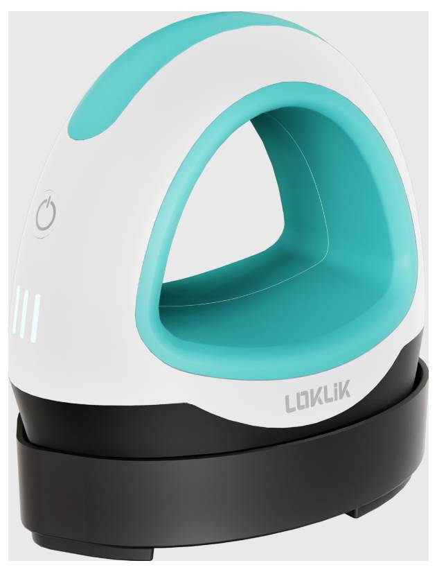 Moderní bezdrátová žehlička v bílé a tyrkysové barvě, stojící na černé základně. Rozpoznatelné logo na přední straně.