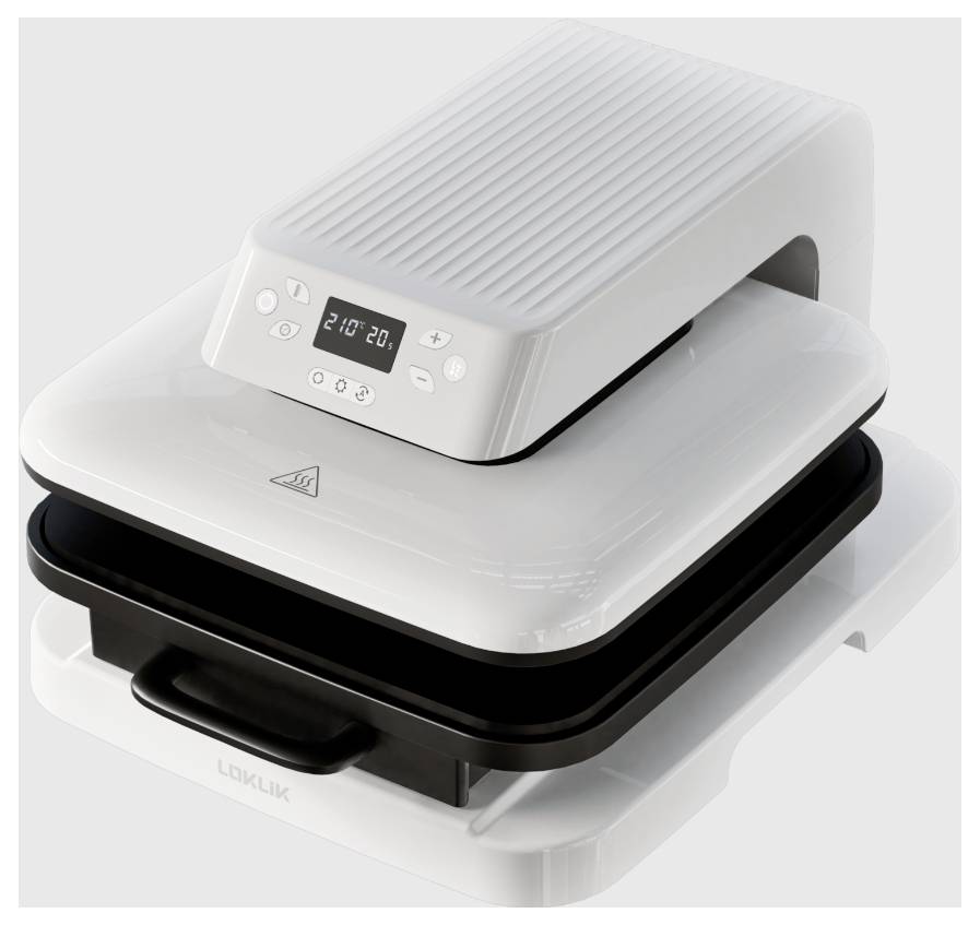 Moderní, bílý kuchyňský gril s digitálním displejem a teplotním ukazatelem. Má elegantní, obdélníkový design.