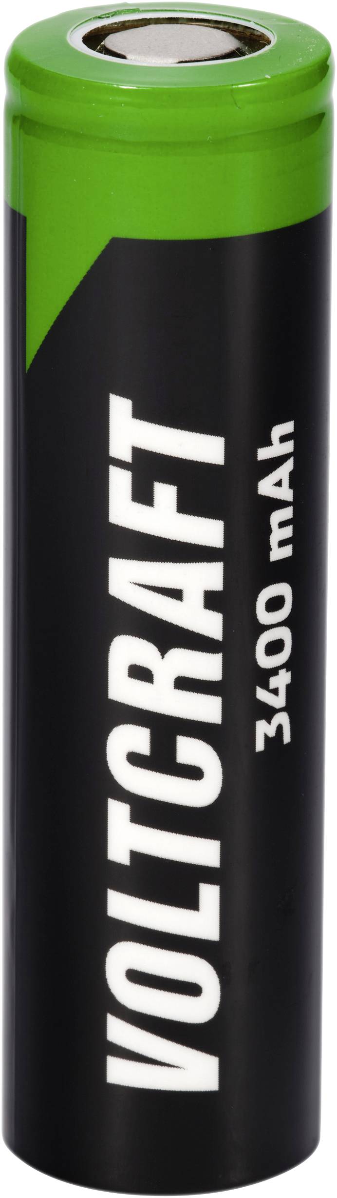 Černá baterie se zelenou hlavou, označená "VOLTCRAFT 3400 mAh".