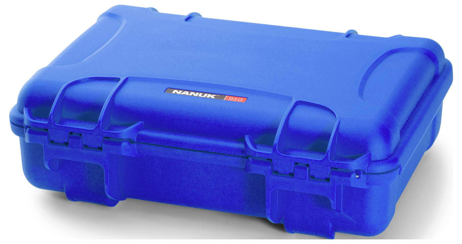 Modrý, robustní transportní kufr s nápisem 'NANUK 910' na horní straně. Ideální pro bezpečnou přepravu citlivých předmětů.