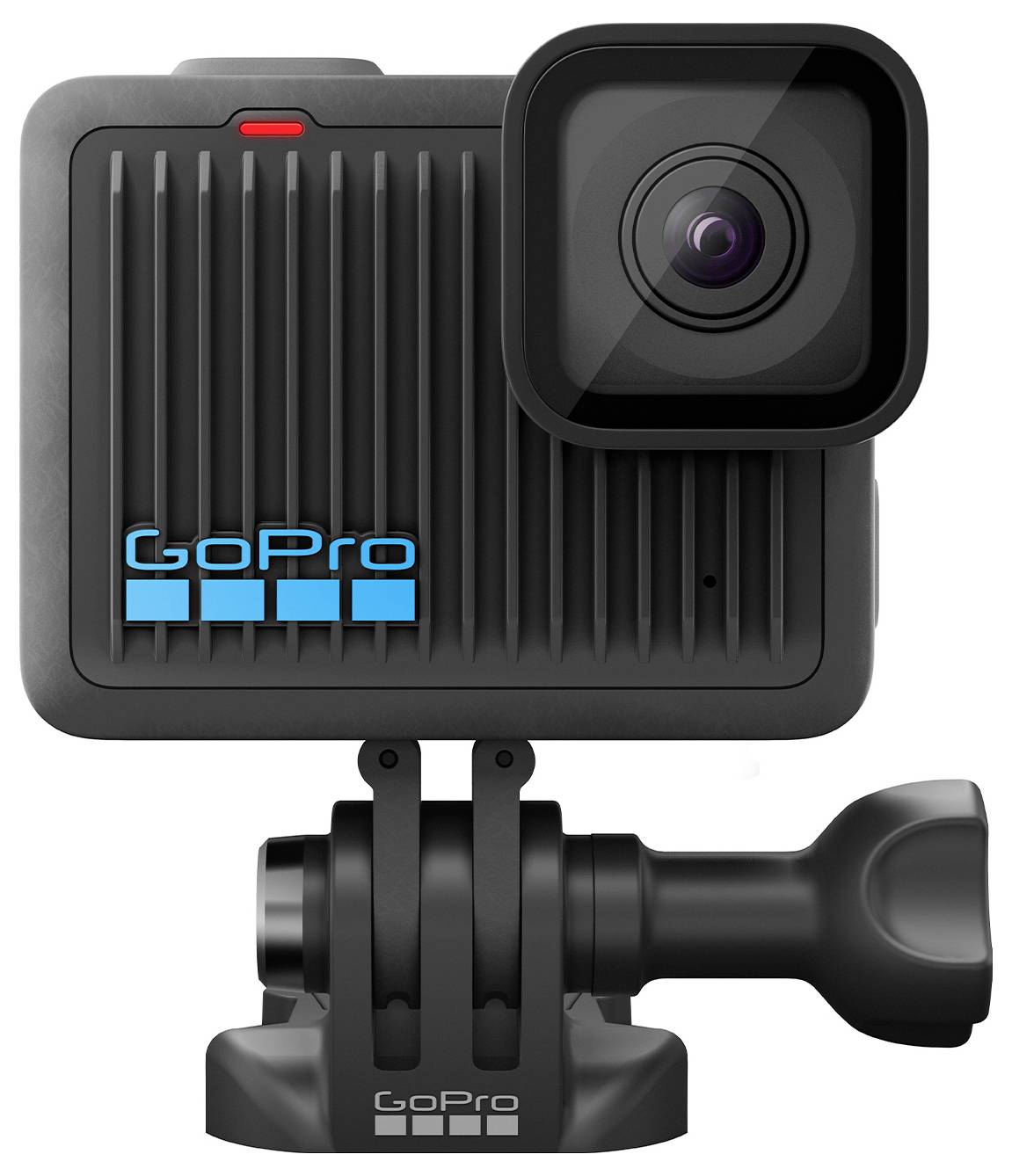 Černá kamera značky GoPro s čtvercovým objektivem a stabilním držákem.