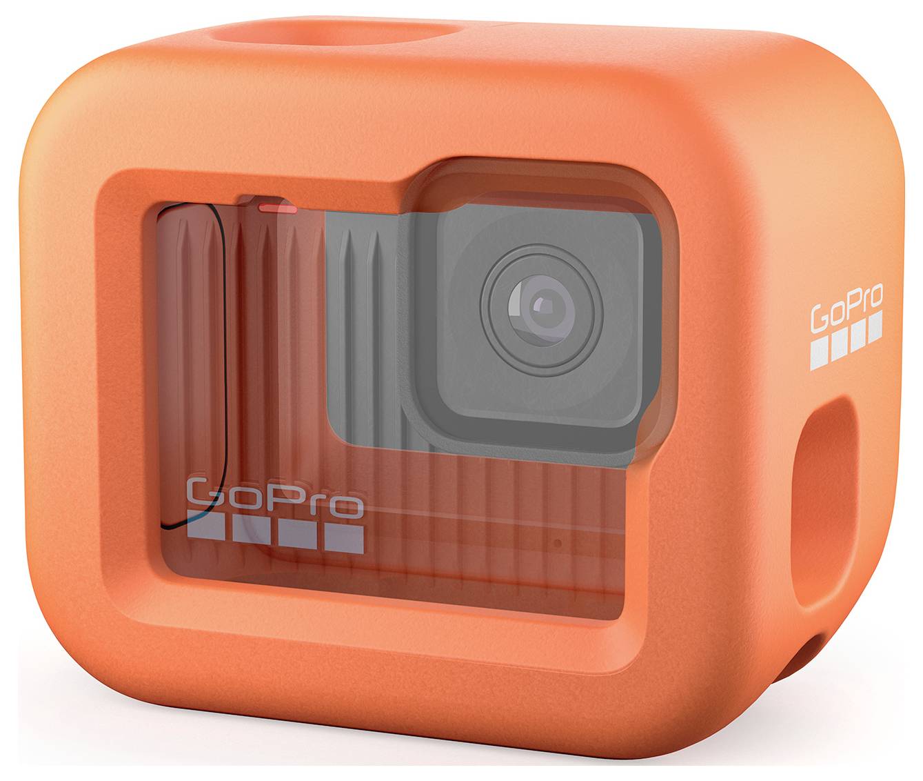 Oranžový ochranný kryt s GoPro kamerou uvnitř.