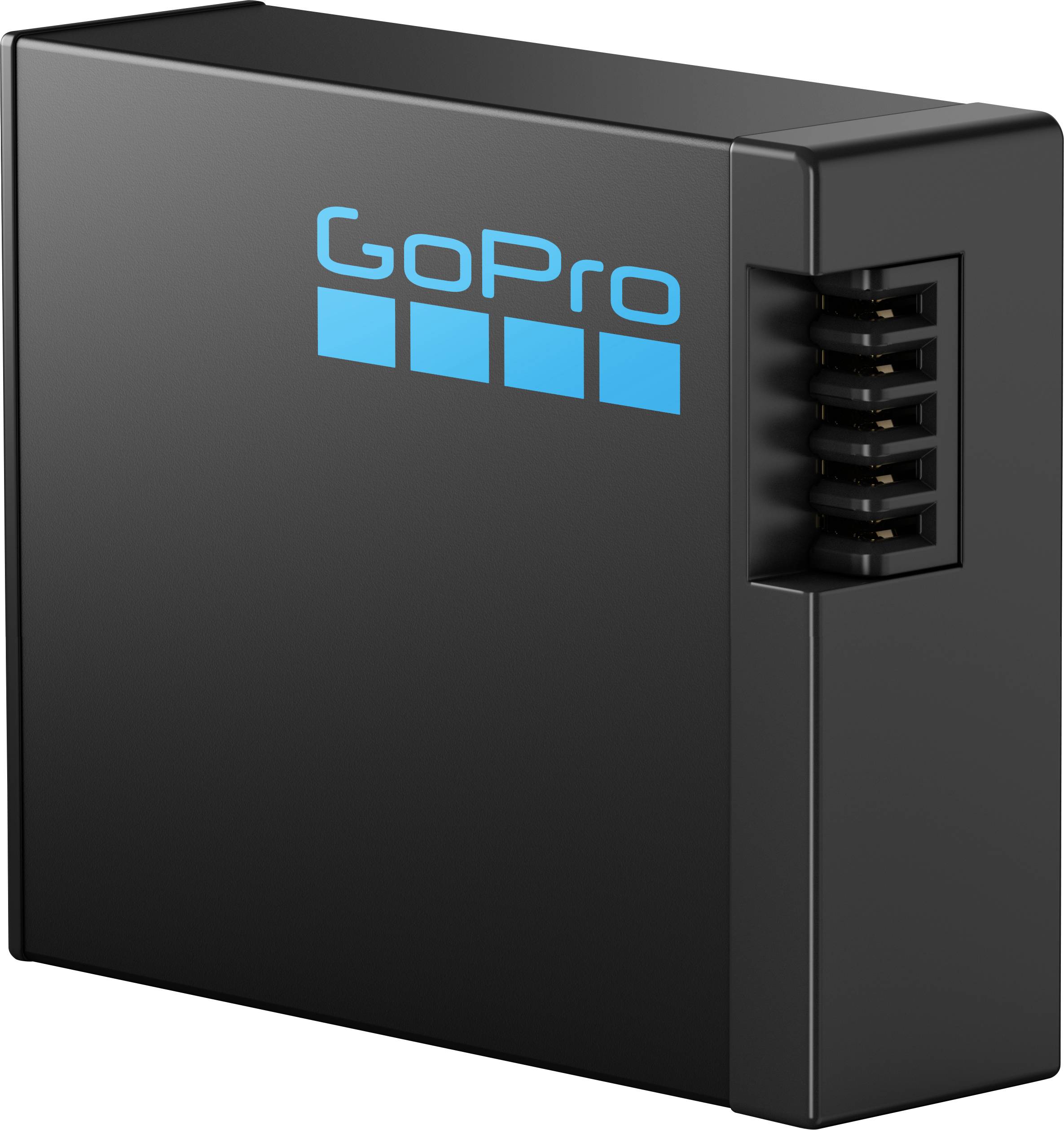 Černá nabíjecí stanice baterií GoPro s pěti nabíjecími porty a modrým logem 'GoPro' na přední straně.
