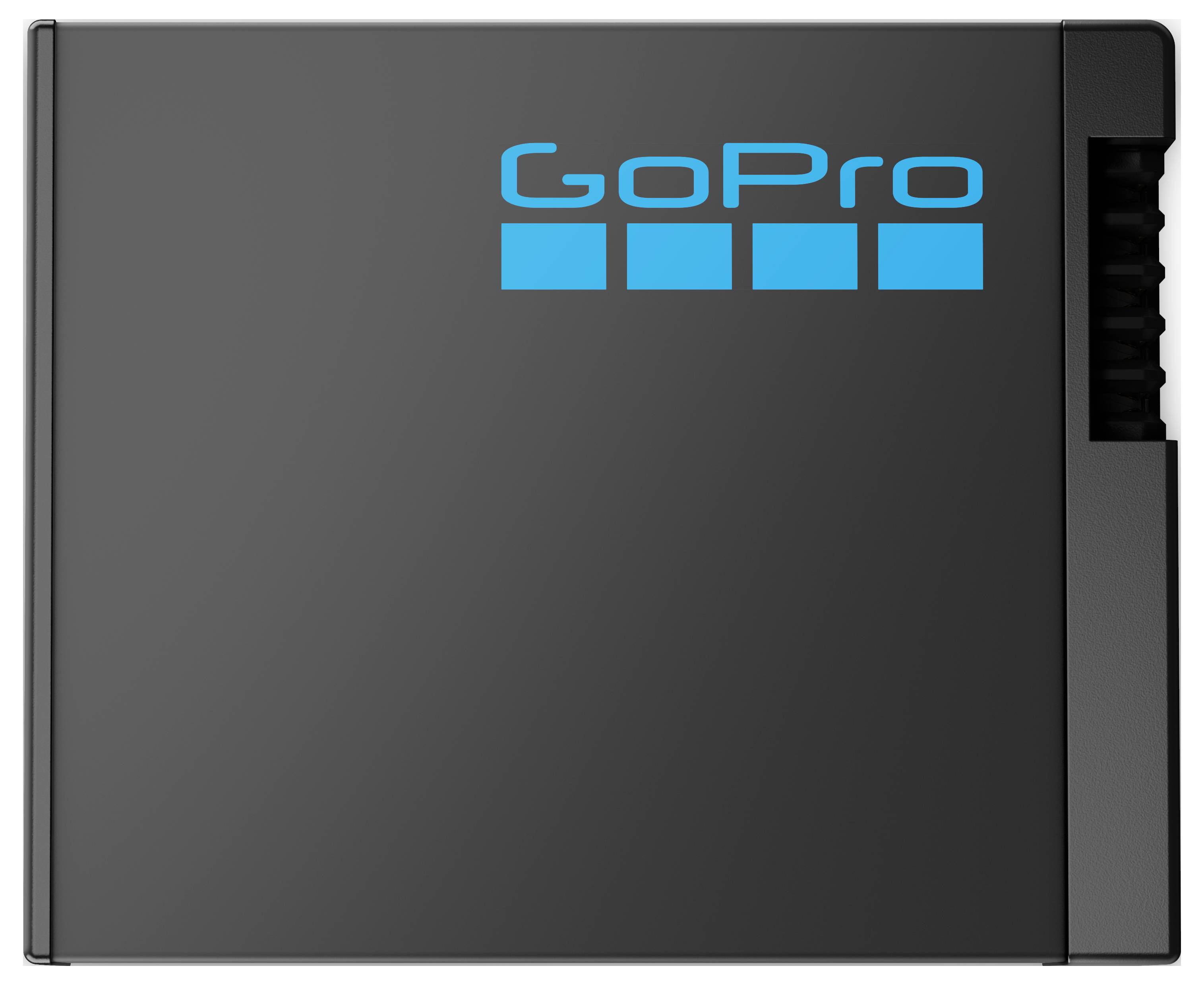 Černý produkt GoPro s modrým logem vlevo nahoře.