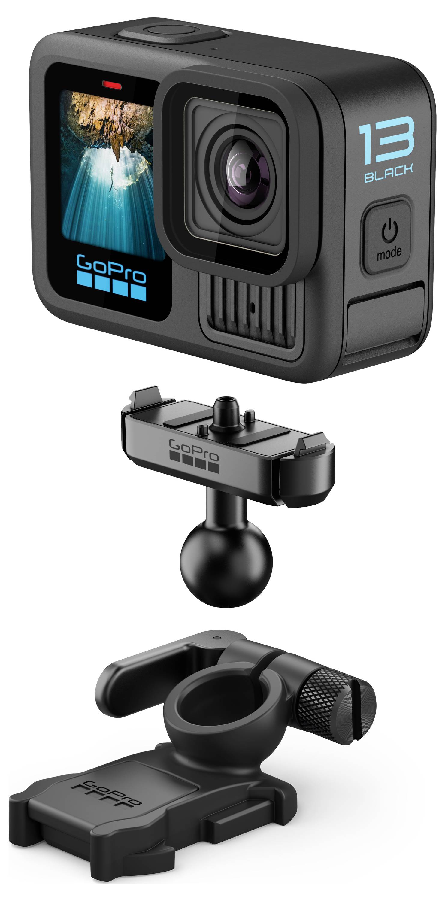 Kamera GoPro Hero 13 Black s displejem, vedle ní příslušenství pro upevnění. Ideální pro venkovní a akční natáčení.