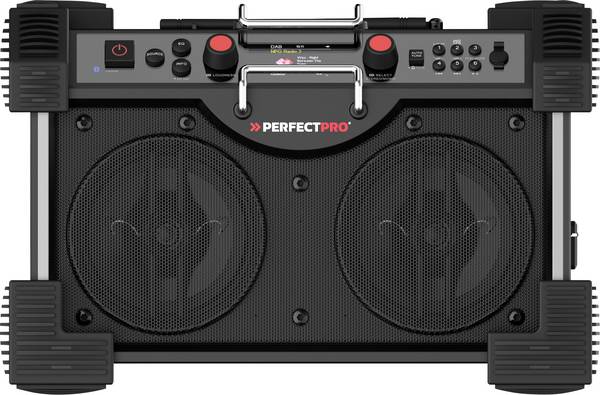 PerfectPro ROCKHART 18V PE-RH4-18V odolné rádio, DAB+, FM, AUX, Bluetooth, DAB+, SD, FM, USB, Funkce powerbanky, voděodolné, prachotěsné, nárazuvzdorné, černá