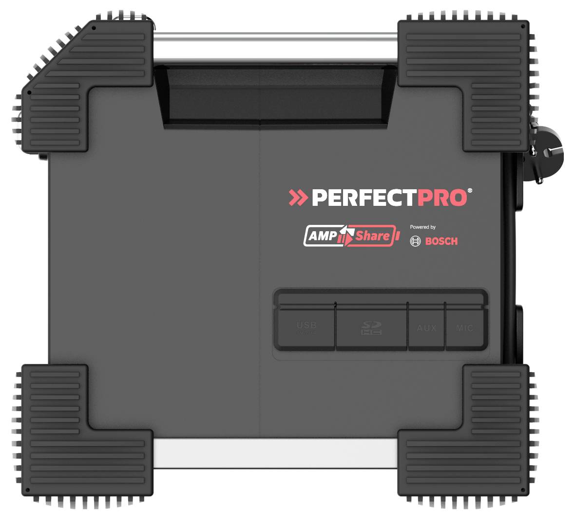 Kompaktní, robustní černé rádio s červeným logem 'PERFECTPRO' a nápisem 'Powered by BOSCH'. Čtvercový tvar s oblými rohy.