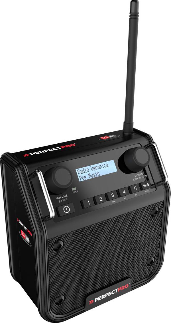 PerfectPro DPR2-18V PE-DPR2-18V odolné rádio, DAB+, FM, AUX, Bluetooth, DAB+, FM, voděodolné, prachotěsné, nárazuvzdorné, černá