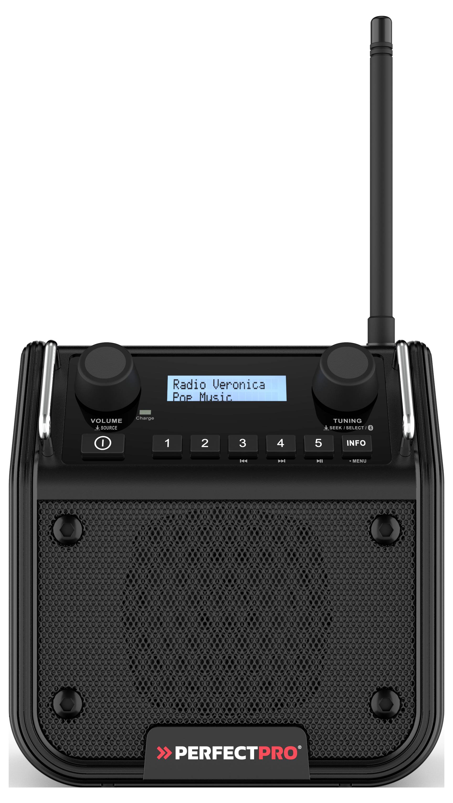Černé přenosné rádio s displejem zobrazujícím 'Radio Veronica One Hitic'. Otočné knoflíky pro nastavení hlasitosti a výběr stanice.