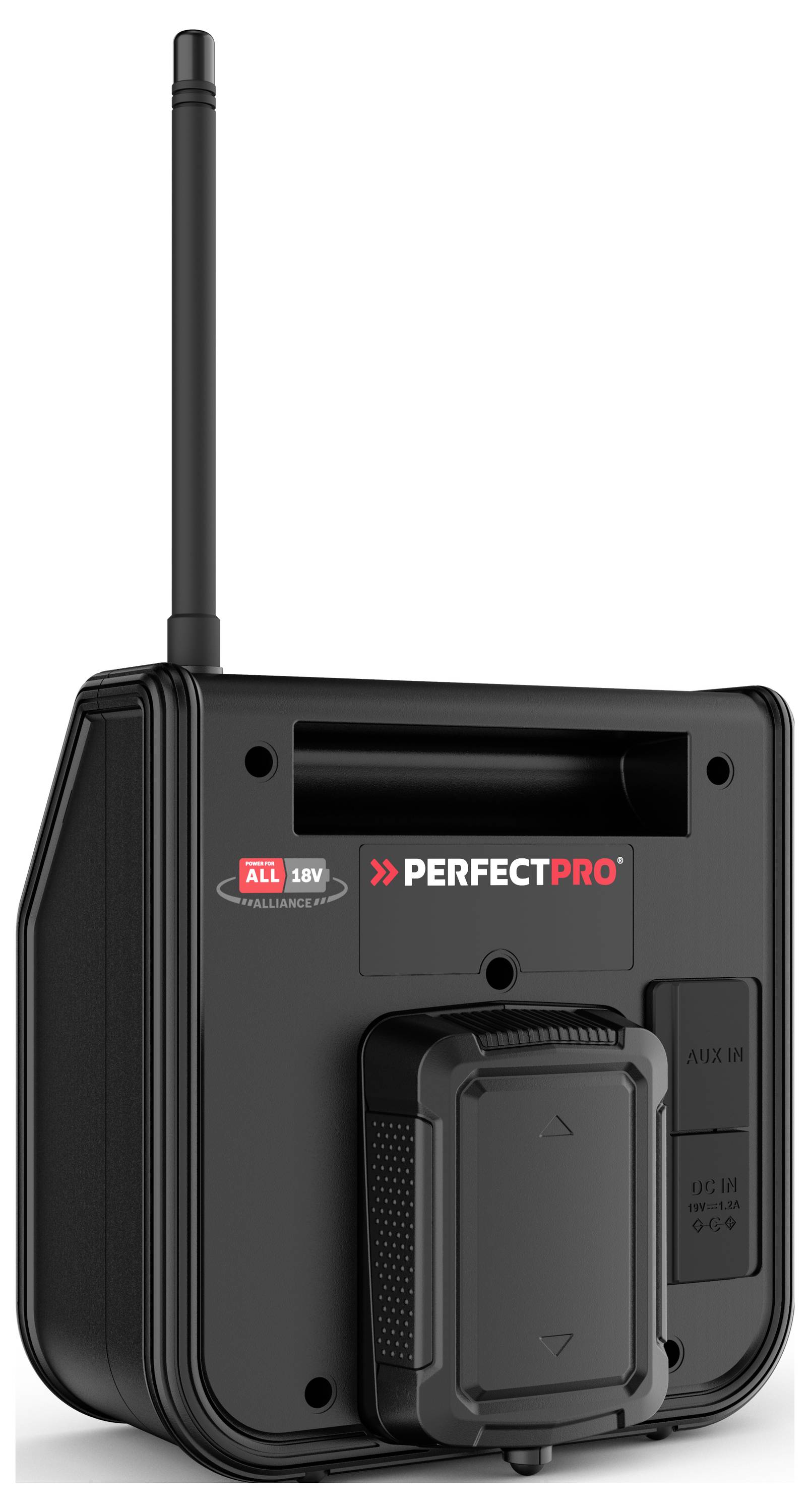 Přenosné rádio v černé barvě s anténou, označené logem 'PerfectPro'. Obsahuje AUX vstup a prostor pro baterii, vhodné pro staveniště.