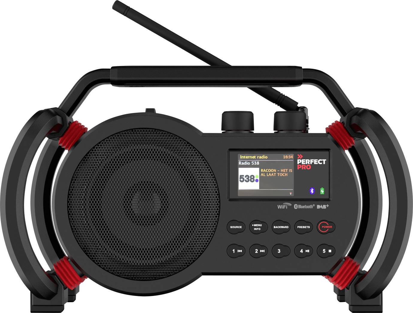 Přenosné, odolné rádio s velkým reproduktorem uprostřed, otočnými ovladači nahoře a digitálním displejem vpravo, které přijímá rozhlasové stanice.