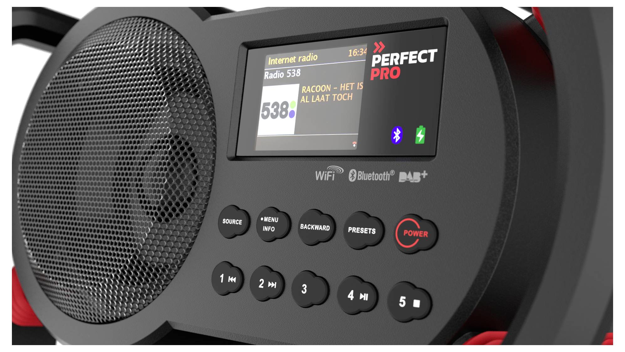 Černé přenosné rádio s displejem zobrazuje 'Radio 538'. Viditelné tlačítka pro zdroj, nastavení a hlasitost. Podporuje Wi-Fi a Bluetooth.