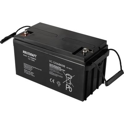 Černá autobaterie s nápisem 'VOLTCRAFT' a specifikacemi: Model VC1265698, 12V, 60Ah. Viditelné dvě připojovací svorky.