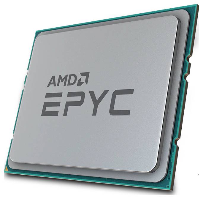 Stříbrný počítačový procesor s nápisem 'AMD EPYC' velkými tmavě šedými písmeny.