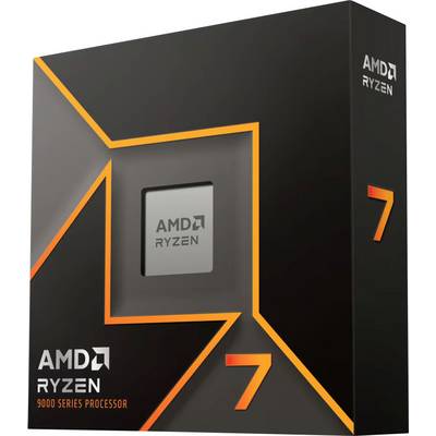 Krabice procesoru AMD Ryzen 9, černá s oranžovými linkami a číslem '7', umístěná před neutrálním pozadím.