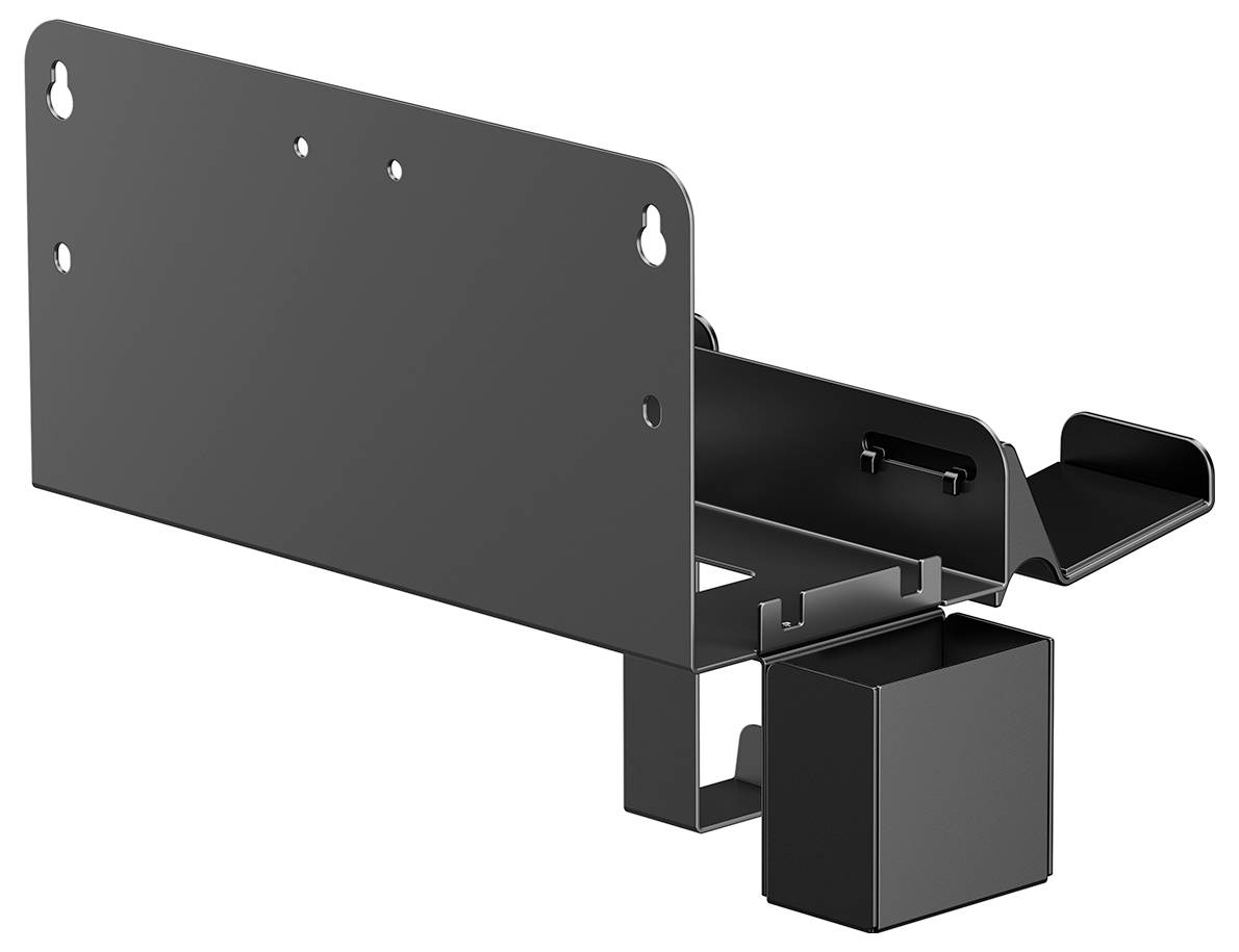 Černý kovový držák s několika montážními otvory a upevňovacím prostorem na spodní straně.