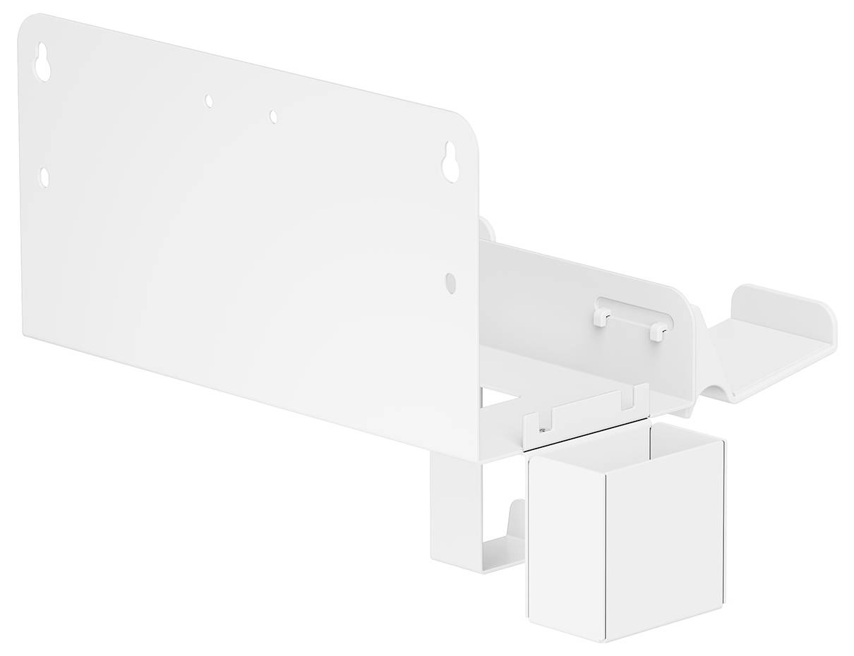 Bílý kovový držák na stěnu s otvorem a háčkem, pravděpodobně určený pro organizaci kabelů nebo nástrojů.