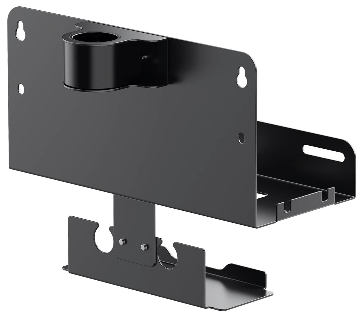 Kovový držák s možností montáže na stěnu, vhodný pro uchovávání zařízení. Obsahuje několik montážních otvorů pro flexibilní instalaci.