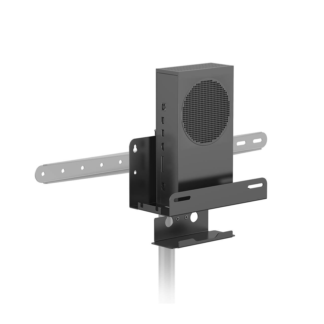 Nástěnný držák s elektronickou černou skříňkou a bočními větracími otvory, upevněný na kovovém nosníku.