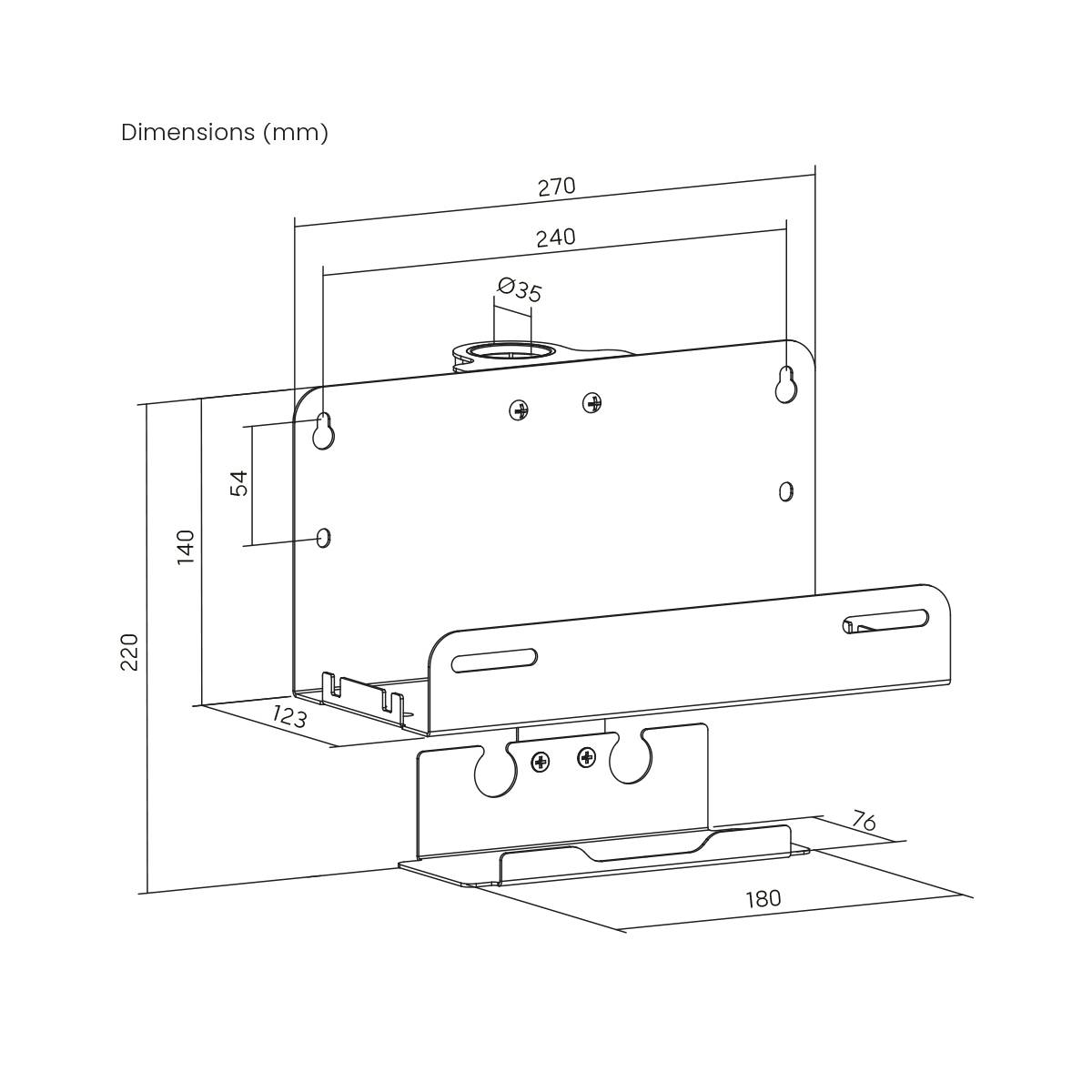 Technický výkres držáku s rozměry v milimetrech: výška 220, šířka 270, hloubka 123. Různé body upevnění.