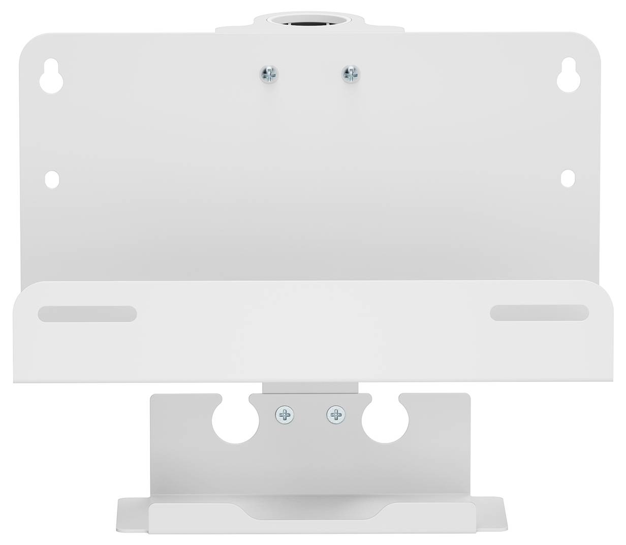 Bílý nástěnný držák z kovu pro montáž zařízení, s několika upevňovacími body a šroubovým uzávěrem, jednoduchý design.