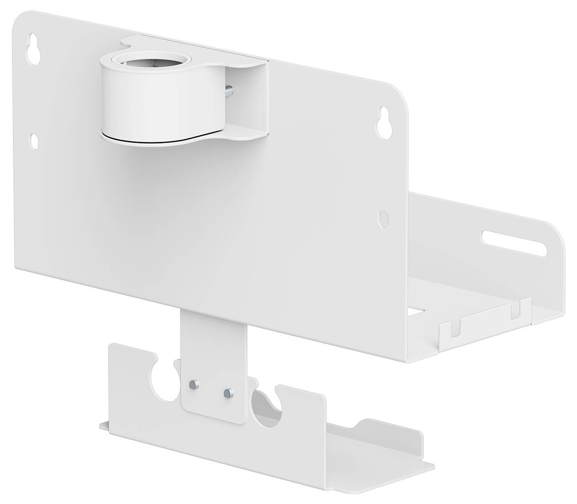 Bílý kovový držák pro nástěnnou montáž zařízení, s jedním upevňovacím bodem nahoře a prostorem pro vedení kabelů.