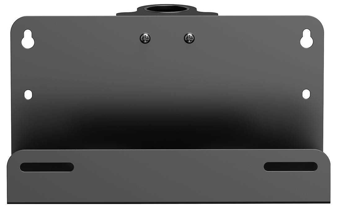 Černený nástěnný držák se dvěma šrouby nahoře a dvěma drážkami dole, vhodný pro upevnění zařízení.