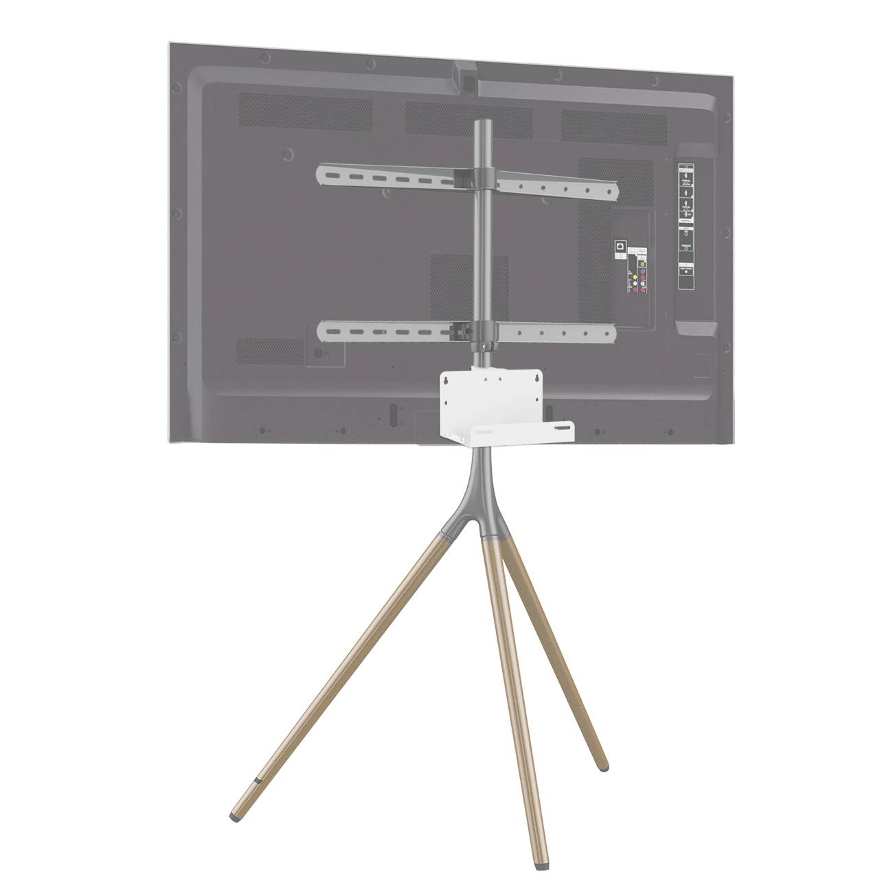 Pohled zezadu na televizor umístěný na elegantním trojnožkovém dřevěném stojanu, který odhaluje montážní úchyty a konektory.