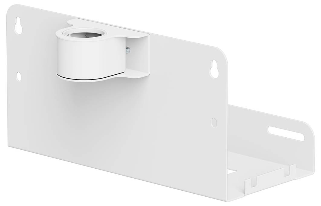 Bílý kovový držák s válcovým prvkem na jedné straně, vhodný pro upevnění na stěny nebo jiné povrchy.