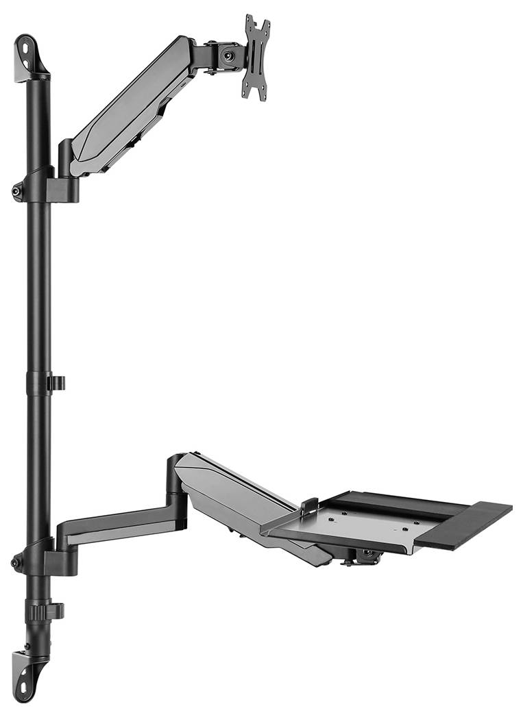 Kovový držák monitoru a klávesnice s nastavitelnými rameny. Určen pro montáž na stěnu, umožňuje ergonomické nastavení pracovního prostoru.