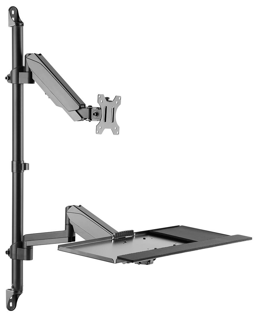 Držák monitoru s nastavitelným ramenem a odkládací plochou pro klávesnici. Nástěnná montáž, ergonomický a úsporný z hlediska prostoru.