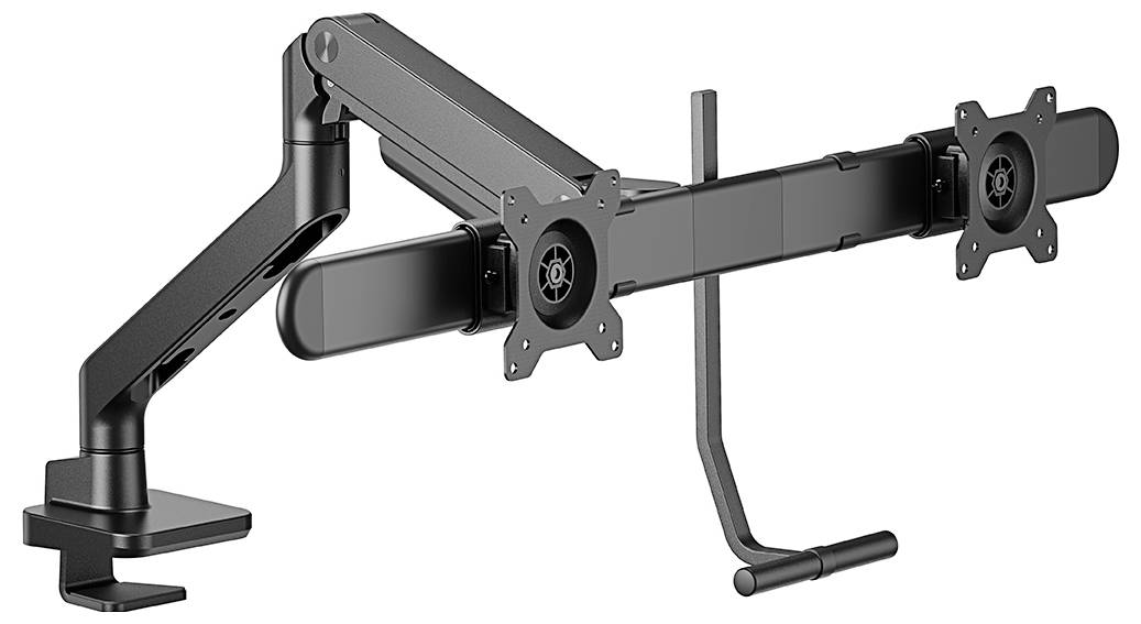 Černý nastavitelný monitorový držák se dvěma uchyceními pro upevnění monitorů, vhodný pro ergonomická pracoviště.