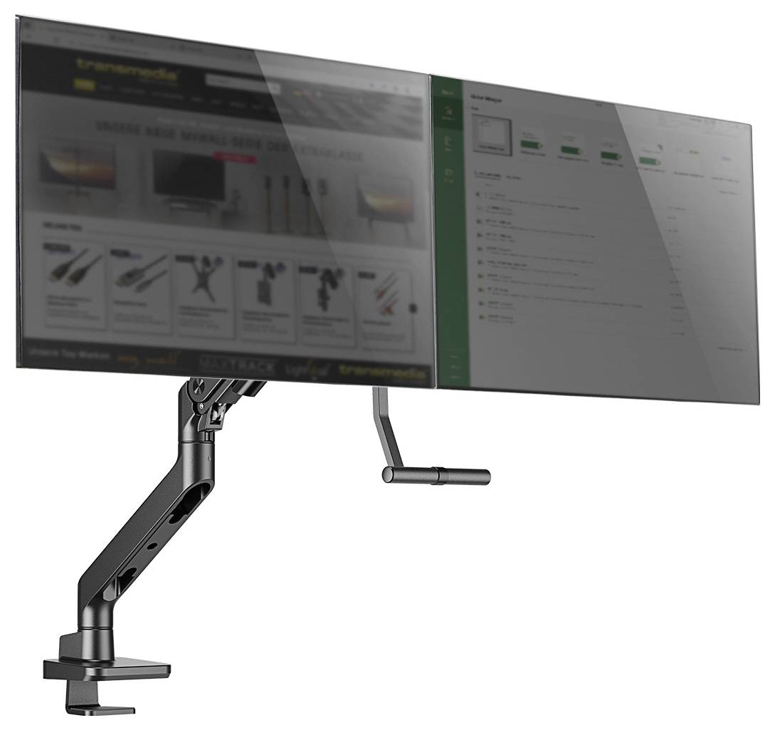 Držák monitoru s připojeným monitorem zobrazuje návrhy nástrojů na levé straně a seznam objednávek na straně pravé.
