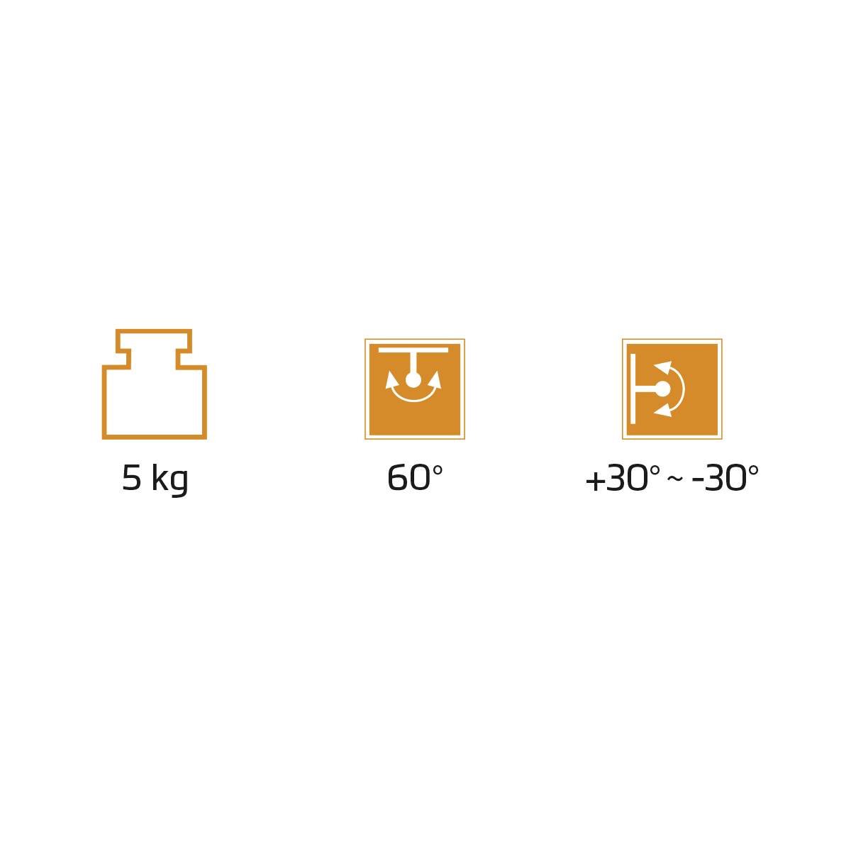 Symboly s údaji o hmotnosti, teplotě a náklonu: '5 kg', '60°', '+30° ~ -30°'.