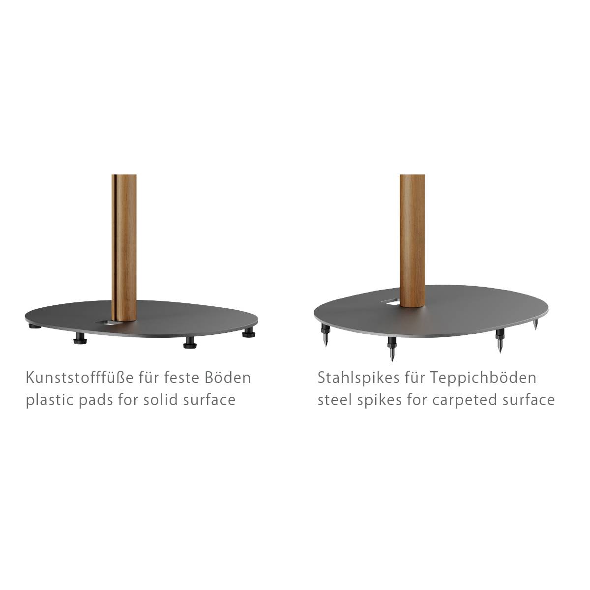 Plastové nohy pro pevné podlahy vlevo a ocelové hroty pro kobercové podlahy vpravo; zobrazuje možnosti přizpůsobení podlahovým krytinám.