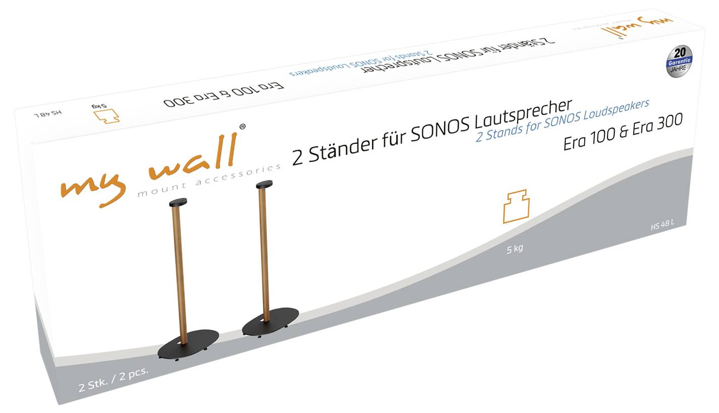 Obal zobrazuje dva reproduktorové stojany pro SONOS, vhodné pro modely Era 100 a Era 300, s logem produktu a základními informacemi.