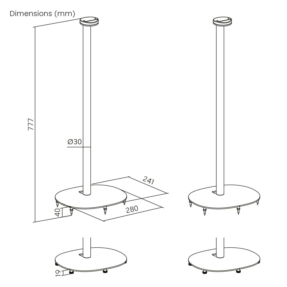 Stojící válcový kovový stojan se čtvercovou základnou. Rozměry: výška 777 mm, průměr základny 280 mm, průměr sloupku 30 mm.