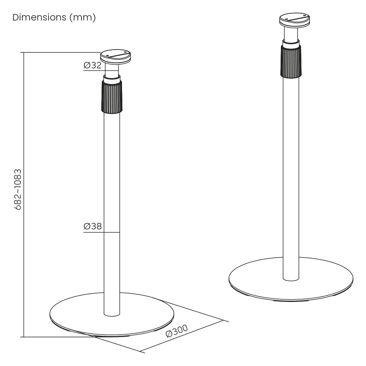 Technický výkres nastavitelného kovového stojanu. Výška: 682-1083 mm, průměr základny: 300 mm, průměr trubky: 32-38 mm.