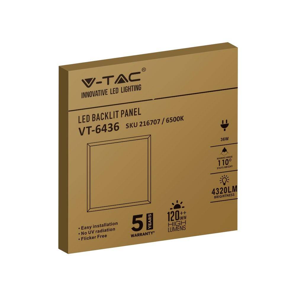 LED panel s osvětlením VT-6436 od V-TAC. Parametry: 36W, 6500K, úhel svícení 110°, 4320 lumenů, 5letá záruka.